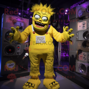 Yellow Frankenstein'S Monster mascot costume character dressed with a Dungarees and Hairpins