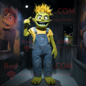 Yellow Frankenstein'S Monster mascot costume character dressed with a Dungarees and Hairpins