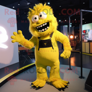 Yellow Frankenstein'S Monster mascot costume character dressed with a Dungarees and Hairpins