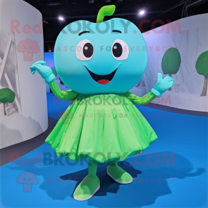 Cyan Apple mascot costume character dressed with a Mini Skirt and Shoe laces