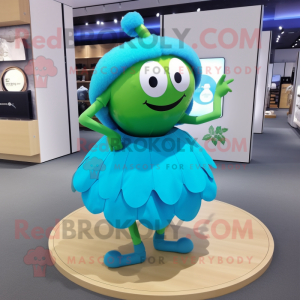 Cyan Apple mascot costume character dressed with a Mini Skirt and Shoe laces