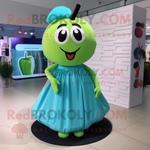 Cyan Apple mascot costume character dressed with a Mini Skirt and Shoe laces