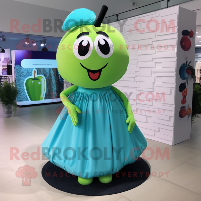 Cyan Apple mascot costume character dressed with a Mini Skirt and Shoe laces Cyan Apple mascot costume character dressed with a Mini Skirt and Shoe laces