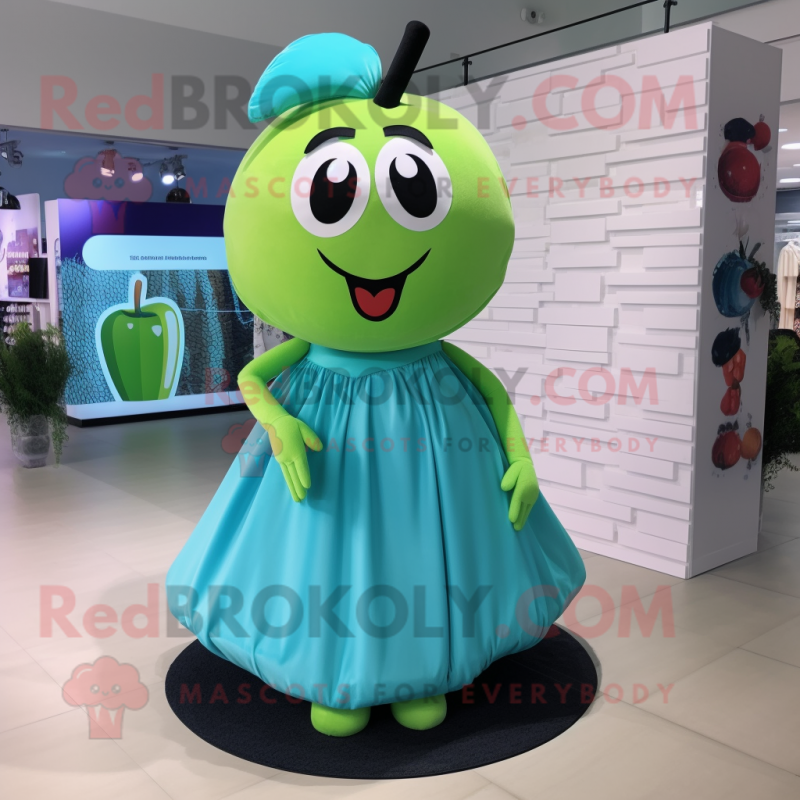 Cyan Apple mascot costume character dressed with a Mini Skirt and Shoe laces