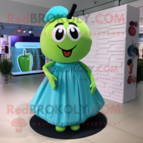 Cyan Apple mascot costume character dressed with a Mini Skirt and Shoe laces