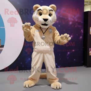 Beige Puma mascot costume character dressed with a Playsuit and Earrings