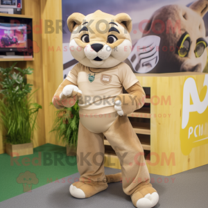 Beige Puma mascot costume character dressed with a Playsuit and Earrings