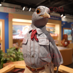 Gray Passenger Pigeon mascot costume character dressed with a Button-Up Shirt and Bracelets