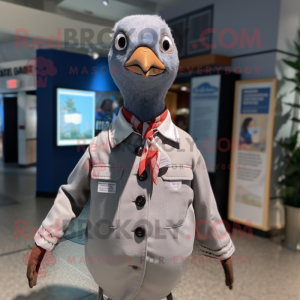 Gray Passenger Pigeon mascot costume character dressed with a Button-Up Shirt and Bracelets