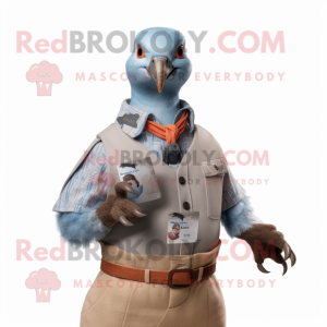 Gray Passenger Pigeon mascot costume character dressed with a Button-Up Shirt and Bracelets