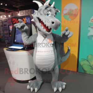 Gray Dragon mascot costume character dressed with a Tank Top and Lapel pins