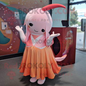 Peach Narwhal mascot costume character dressed with a Midi Dress and Headbands