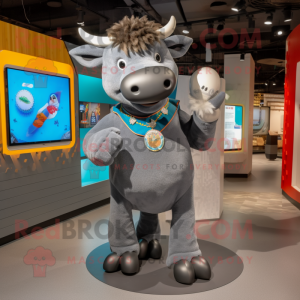 Gray Buffalo mascot costume character dressed with a Playsuit and Brooches