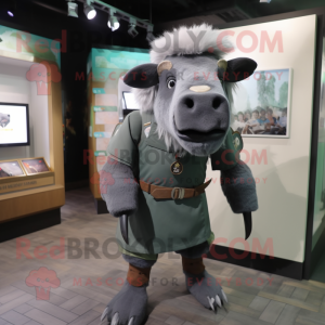 Gray Buffalo mascot costume character dressed with a Playsuit and Brooches