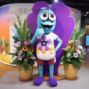 Purple Bouquet Of Flowers mascot costume character dressed with a Board Shorts and Earrings
