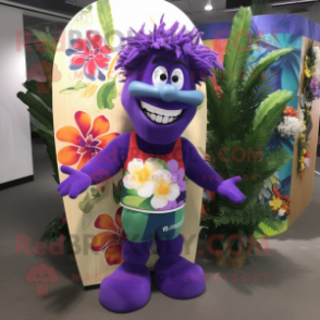 Purple Bouquet Of Flowers mascot costume character dressed with a Board Shorts and Earrings