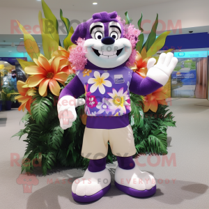 Purple Bouquet Of Flowers mascot costume character dressed with a Board Shorts and Earrings
