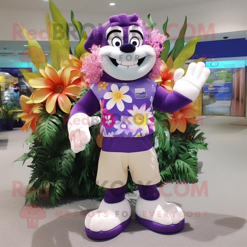 Purple Bouquet Of Flowers mascot costume character dressed with a Board Shorts and Earrings