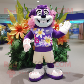 Purple Bouquet Of Flowers mascot costume character dressed with a Board Shorts and Earrings