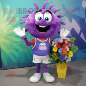 Purple Bouquet Of Flowers mascot costume character dressed with a Board Shorts and Earrings
