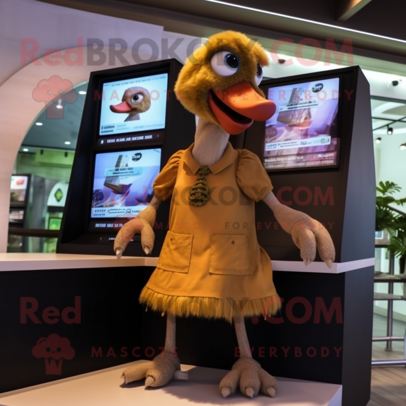 Tan Dodo Bird mascot costume character dressed with a Mini Dress and Digital watches