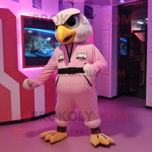 Pink Falcon mascot costume character dressed with a Dungarees and Shoe clips