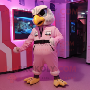 Pink Falcon mascot costume character dressed with a Dungarees and Shoe clips