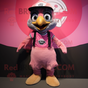Pink Falcon mascot costume character dressed with a Dungarees and Shoe clips