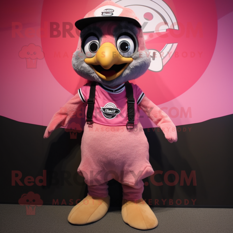 Pink Falcon mascot costume character dressed with a Dungarees and Shoe clips