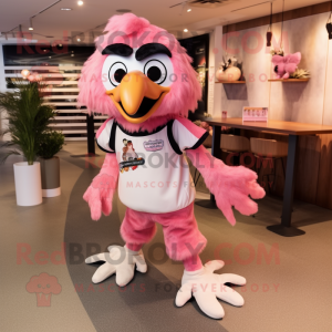 Pink Falcon mascot costume character dressed with a Dungarees and Shoe clips