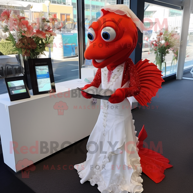 Red Betta Fish mascot costume character dressed with a Wedding Dress and Wallets Red Betta Fish mascot costume character dressed with a Wedding Dress and Wallets