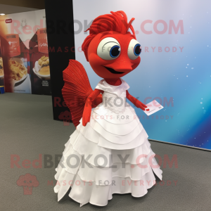 Red Betta Fish mascot costume character dressed with a Wedding Dress and Wallets