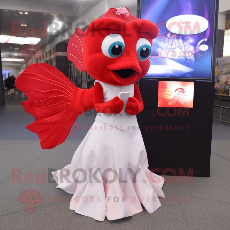 Red Betta Fish mascot costume character dressed with a Wedding Dress and Wallets