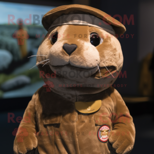 Brown Seal mascot costume character dressed with a Blouse and Berets