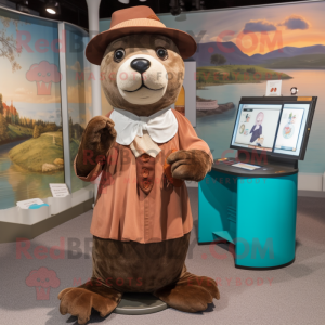 Brown Seal mascot costume character dressed with a Blouse and Berets