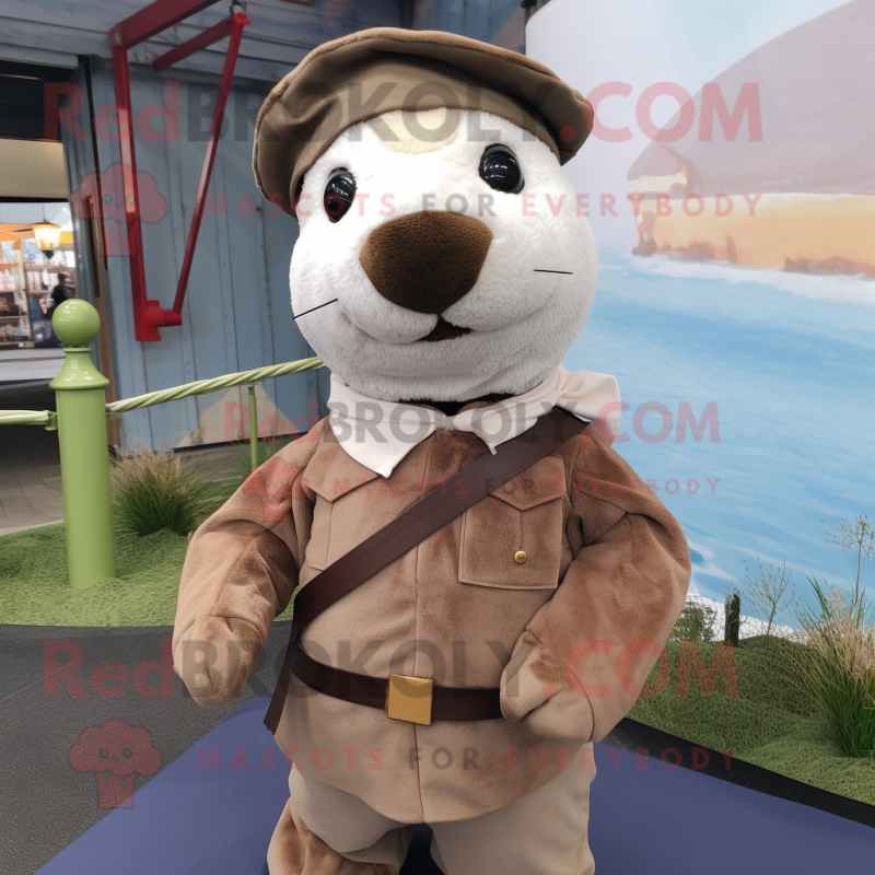 Brown Seal mascot costume character dressed with a Blouse and Berets