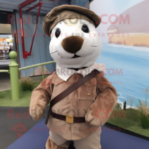 Brown Seal mascot costume character dressed with a Blouse and Berets