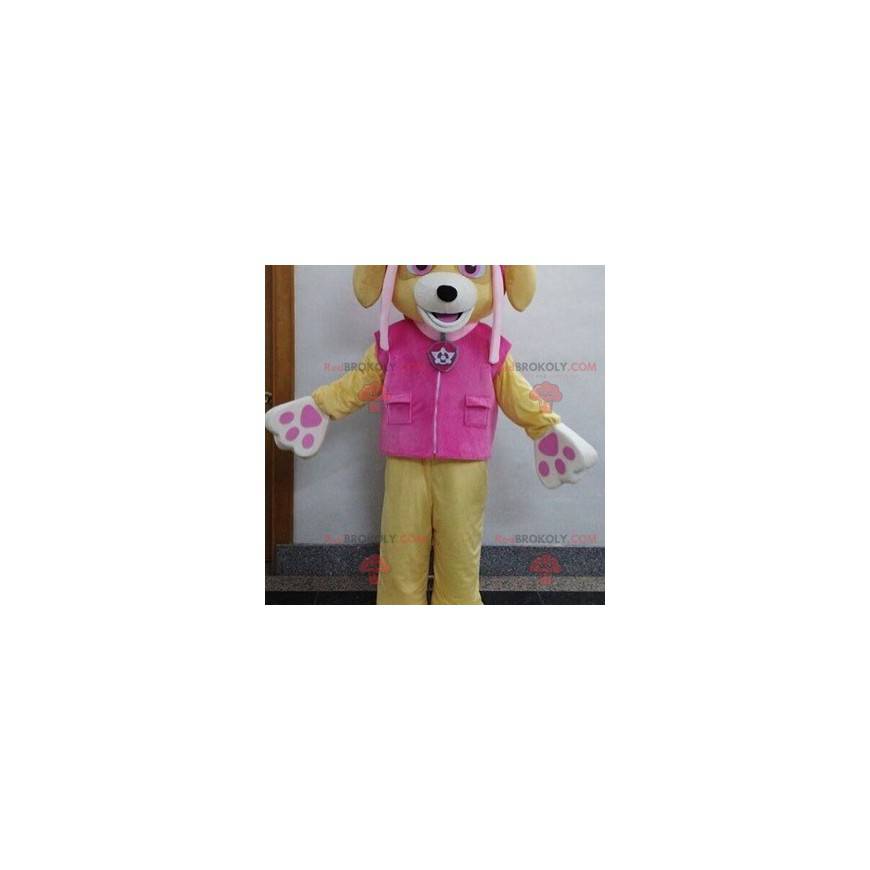 Mascotte de chien beige avec une tenue rose - Redbrokoly.com