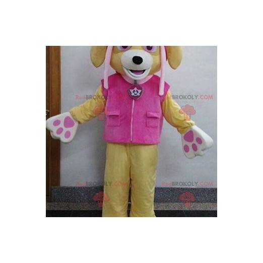 Mascote cachorro bege com roupa rosa - Redbrokoly.com