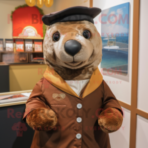 Brown Seal mascot costume character dressed with a Blouse and Berets