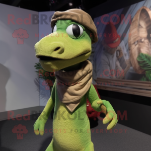 Olive Coelophysis mascot costume character dressed with a Turtleneck and Beanies