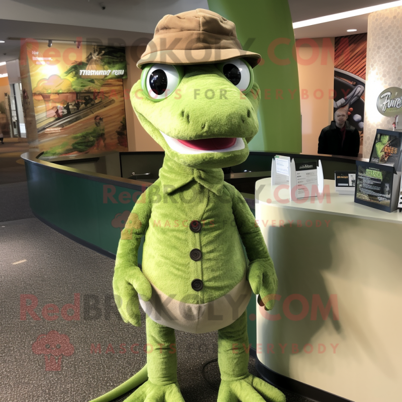 Olive Coelophysis mascot costume character dressed with a Turtleneck and Beanies Olive Coelophysis mascot costume character dressed with a Turtleneck and Beanies