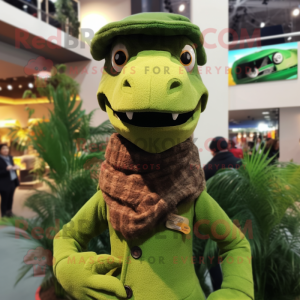 Olive Coelophysis mascot costume character dressed with a Turtleneck and Beanies