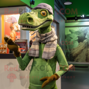 Olive Coelophysis mascot costume character dressed with a Turtleneck and Beanies