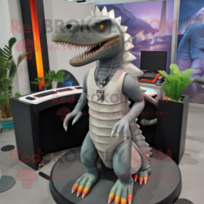 Gray Spinosaurus mascot costume character dressed with a Tank Top and Necklaces