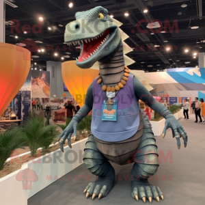 Gray Spinosaurus mascot costume character dressed with a Tank Top and Necklaces