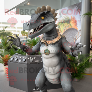 Gray Spinosaurus mascot costume character dressed with a Tank Top and Necklaces