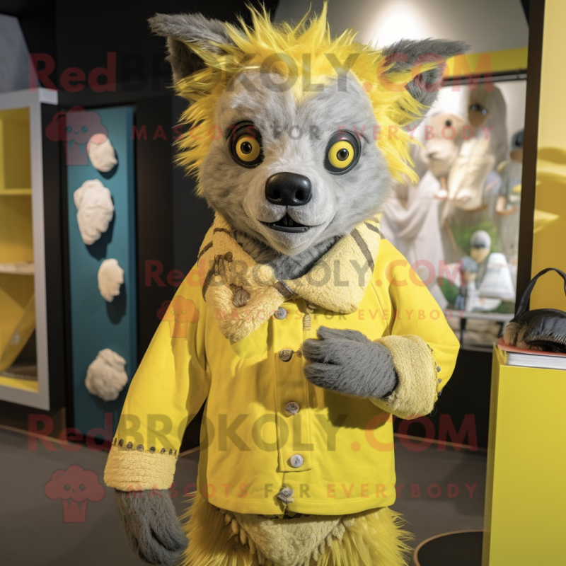 Lemon Yellow Hyena mascot costume character dressed with a Cardigan and Cummerbunds