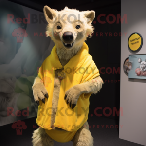 Lemon Yellow Hyena mascot costume character dressed with a Cardigan and Cummerbunds