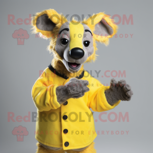 Lemon Yellow Hyena mascot costume character dressed with a Cardigan and Cummerbunds